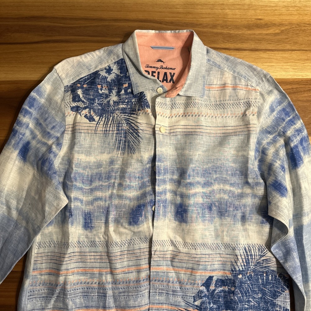 Tommy Bahama Hawaiian Shirt Mens Large Blue Fronds White LS Beach Linen $148